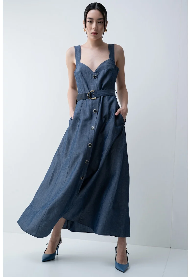 Rochie-camasa maxi din lyocell si in, Bleumarin