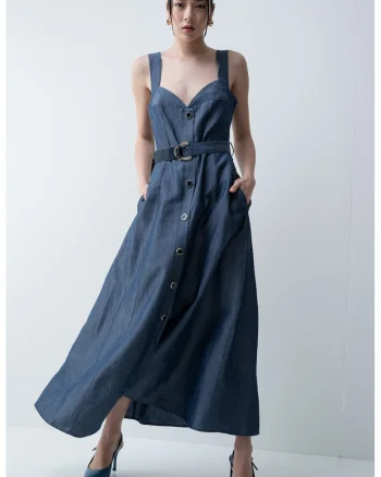 Rochie-camasa maxi din lyocell si in, Bleumarin