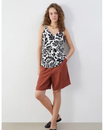 Bluza cu decolteu in V si imprimeu, fara maneci, Alb/Negru