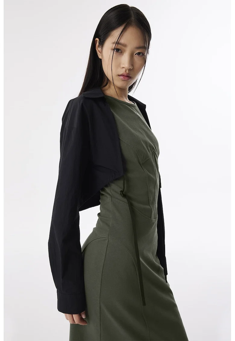 Rochie din amestec de bumbac, Negru/Verde masliniu inchis