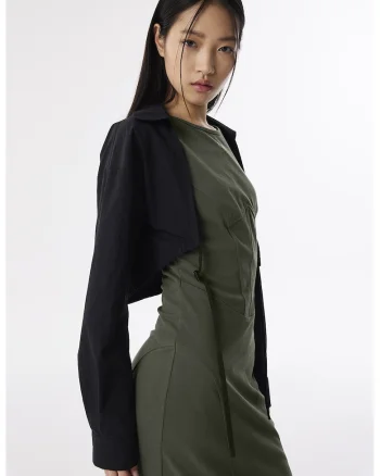 Rochie din amestec de bumbac, Negru/Verde masliniu inchis