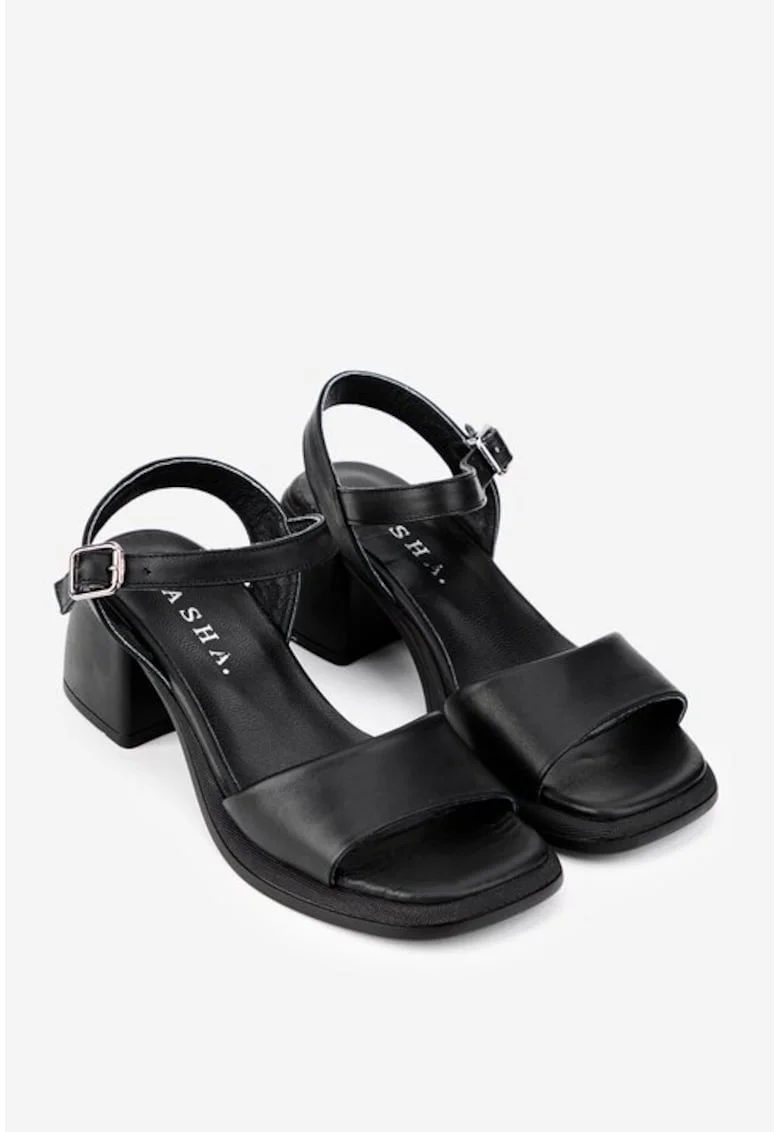 Sandale dama negre din piele cu varful patrat