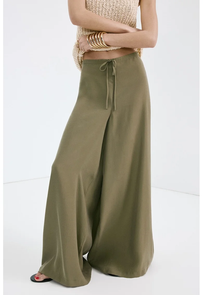 Pantaloni din amestec de modal cu croiala ampla cu talie inalta, Kaki