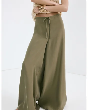 Pantaloni din amestec de modal cu croiala ampla cu talie inalta, Kaki