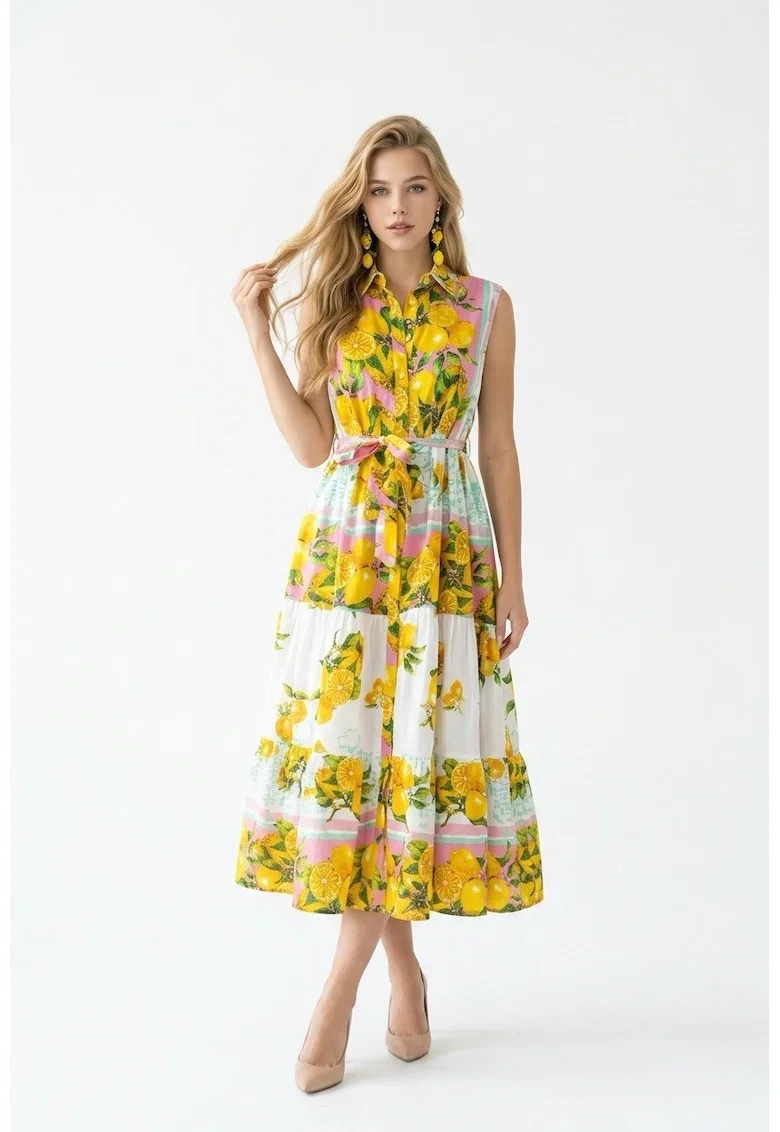 Rochie tip camasa midi de vara din bumbac cu imprimeu multicolor Amalfi, Alb/Galben/Roz