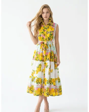 Rochie tip camasa midi de vara din bumbac cu imprimeu multicolor Amalfi, Alb/Galben/Roz