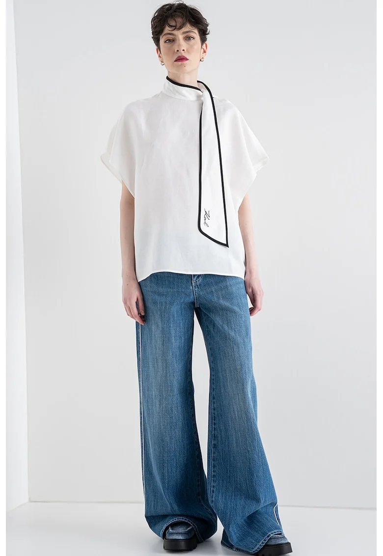 Bluza din amestec de lyocell si in, Alb/Negru