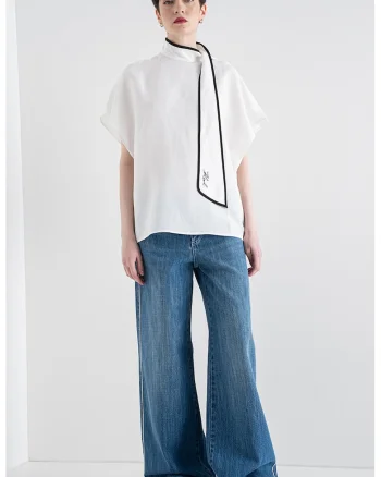 Bluza din amestec de lyocell si in, Alb/Negru