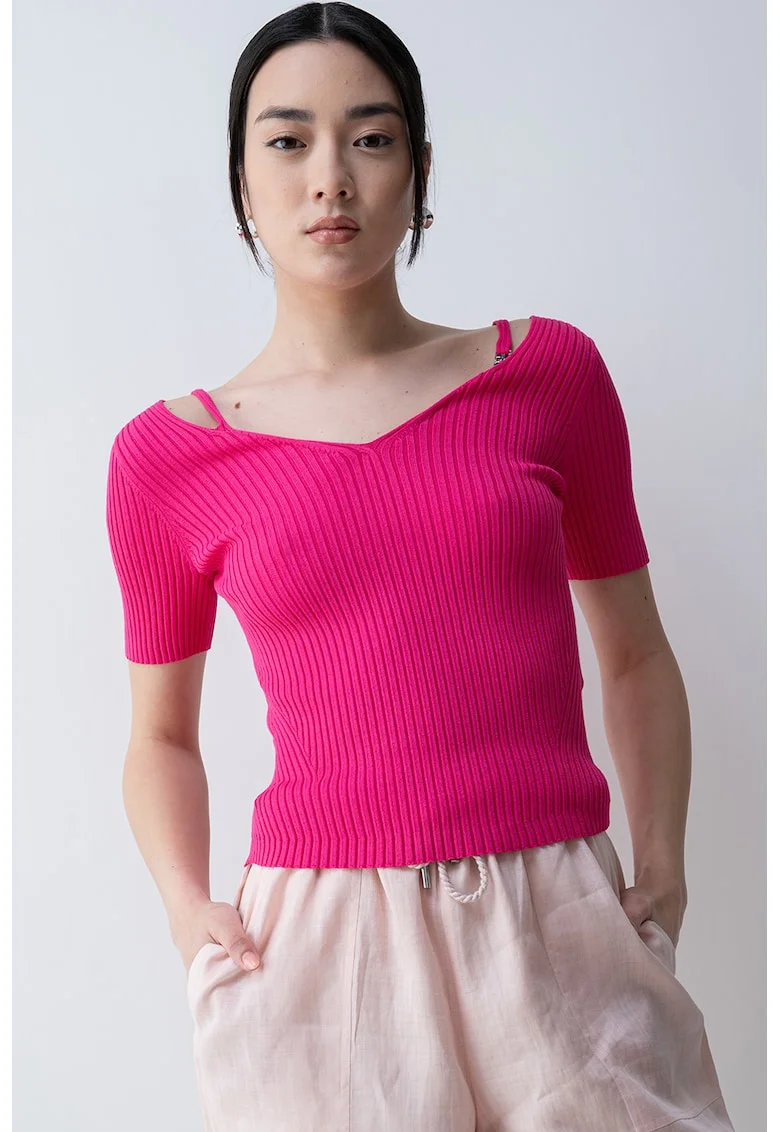 Tricou striat cu decolteu in V Shata, Fucsia