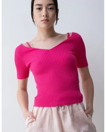 Tricou striat cu decolteu in V Shata, Fucsia