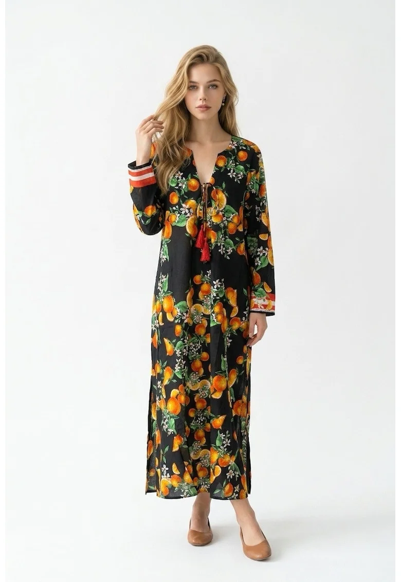 Rochie lunga de vara tip kaftan din bumbac cu imprimeu Amalfi, Negru/Portocaliu