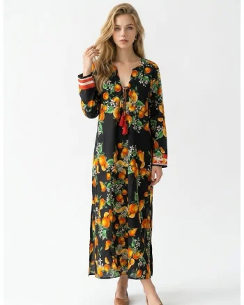 Rochie lunga de vara tip kaftan din bumbac cu imprimeu Amalfi, Negru/Portocaliu