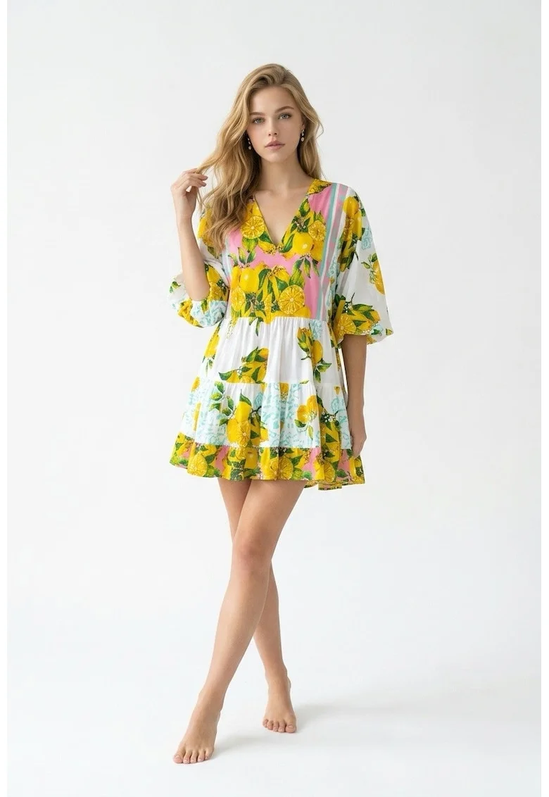 Rochie scurta de vara din bumbac alb cu imprimeu Amalfi roz cu lamai galbene, Alb/Galben/Roz