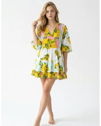 Rochie scurta de vara din bumbac alb cu imprimeu Amalfi roz cu lamai galbene, Alb/Galben/Roz
