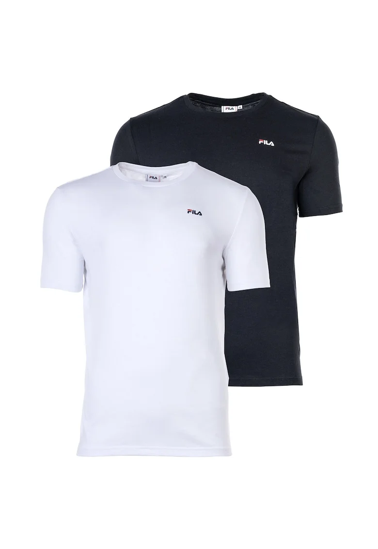 Set de tricouri cu decolteu la baza gatului si logo discret - 2 piese, Alb/Negru stins
