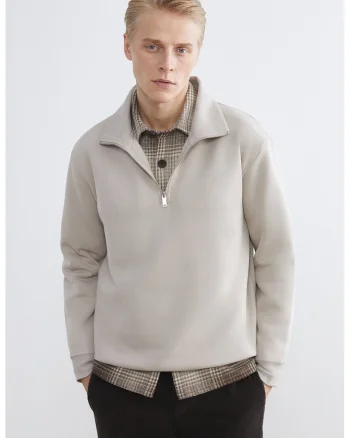 Bluza de trening cu fenta cu fermoar scurt, Bej deschis