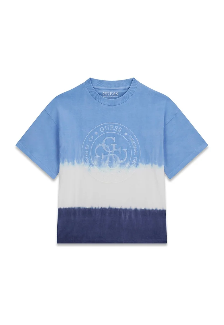 Tricou din bumbac cu decolteu la baza gatului si logo, Albastru pastel/Alb murdar