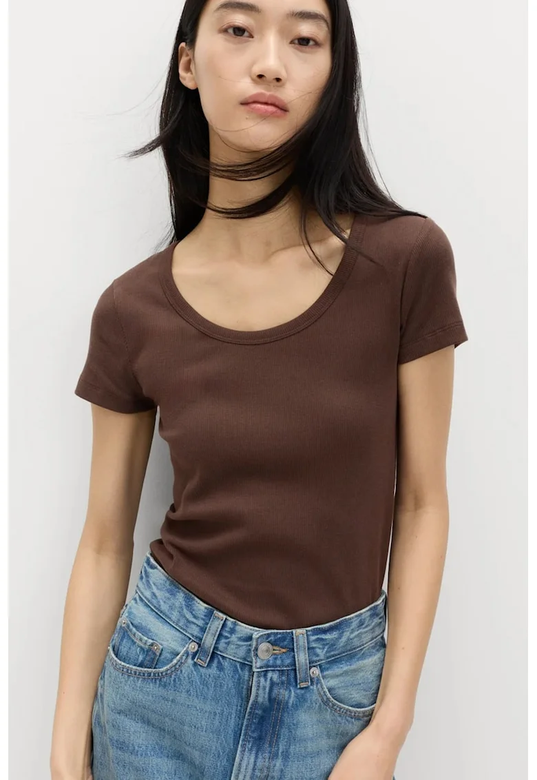 Tricou slim-fit cu decolteu rotund, Maro cognac