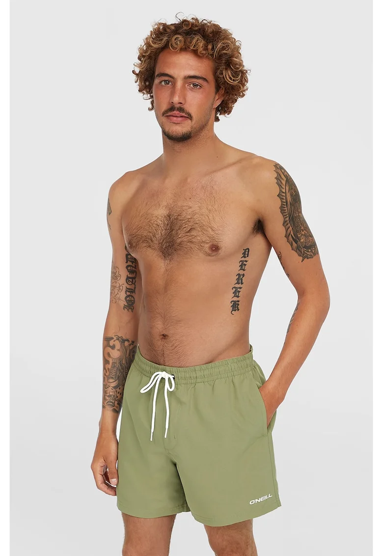 Pantaloni scurti uni de baie cu buzunare laterale, Alb optic/Verde sparanghel