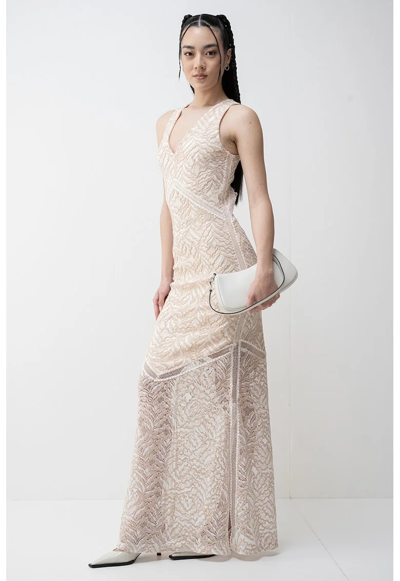 Rochie maxi cu decupaj pe partea din spate, Maro deschis/Crem