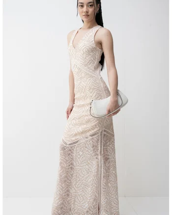 Rochie maxi cu decupaj pe partea din spate, Maro deschis/Crem