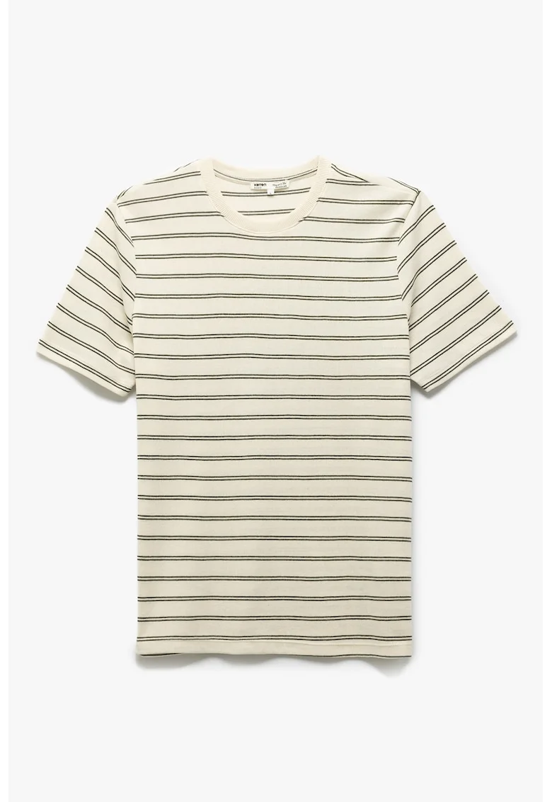 Tricou cu decolteu la baza gatului si model in dungi, Negru/Crem