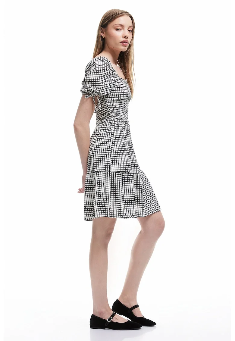 Rochie evazata cu maneci bufante, Alb/Negru