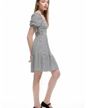 Rochie evazata cu maneci bufante, Alb/Negru