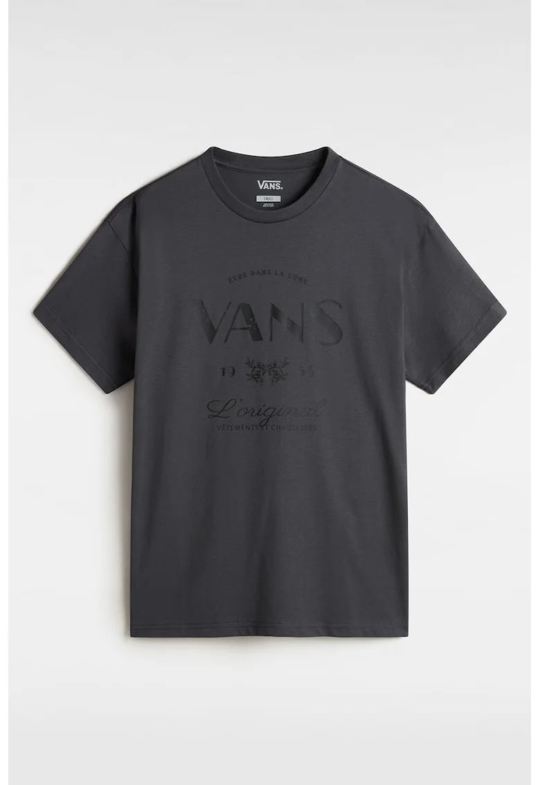 Tricou cu imprimeu si decolteu la baza gatului, Gri inchis