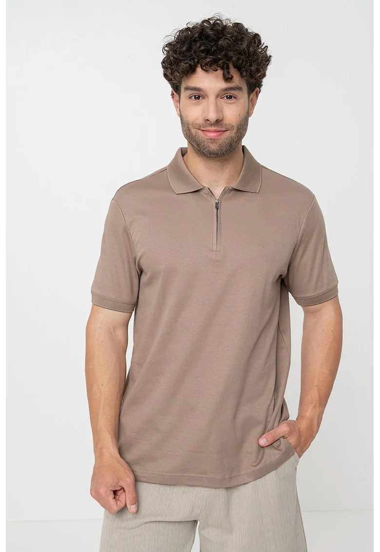 Tricou polo de bumbac organic cu fermoar scurt, Maro taupe