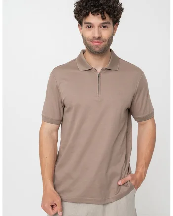 Tricou polo de bumbac organic cu fermoar scurt, Maro taupe