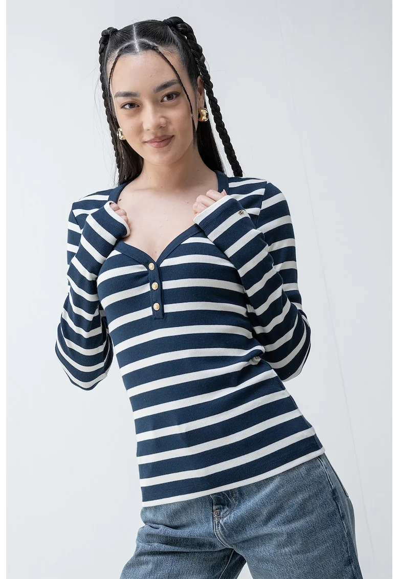 Bluza slim fit cu decolteu in V, Alb/Bleumarin