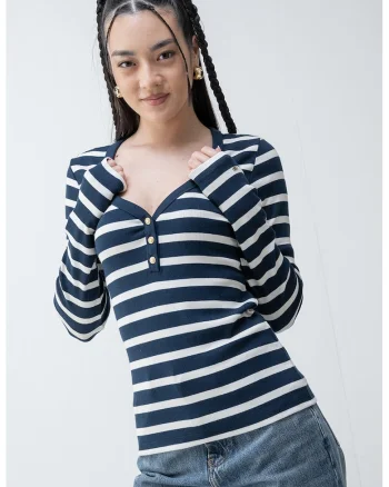 Bluza slim fit cu decolteu in V, Alb/Bleumarin