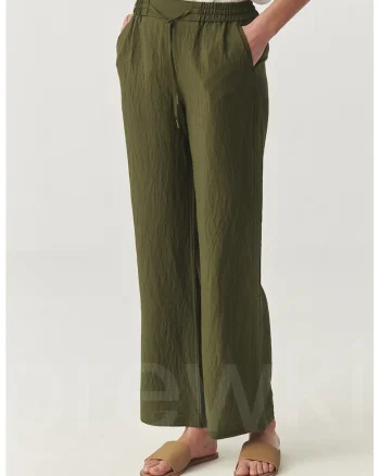 Pantaloni uni cu snur in talie, Verde masliniu
