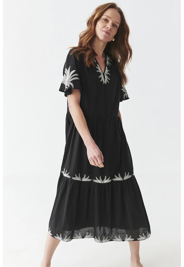 Rochie midi cu croiala evazata si detalii brodate, Alb/Negru