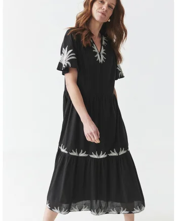 Rochie midi cu croiala evazata si detalii brodate, Alb/Negru
