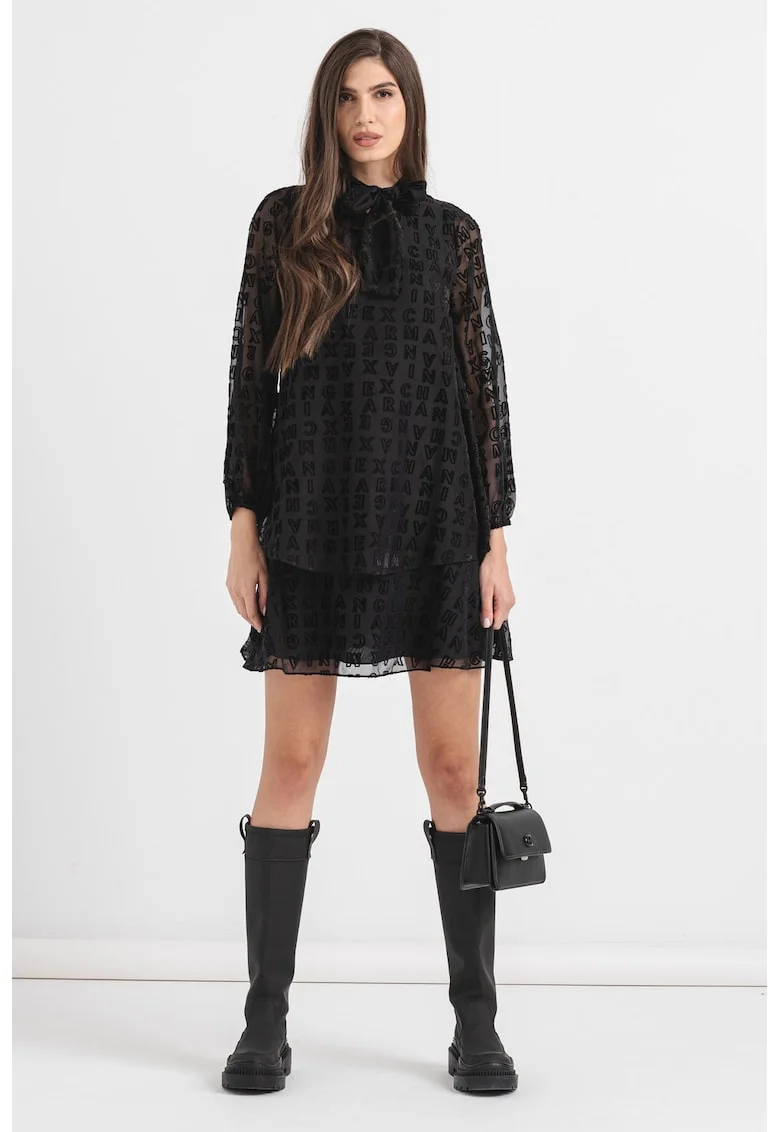 Rochie de sifon cu model logo, Negru