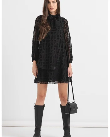 Rochie de sifon cu model logo, Negru