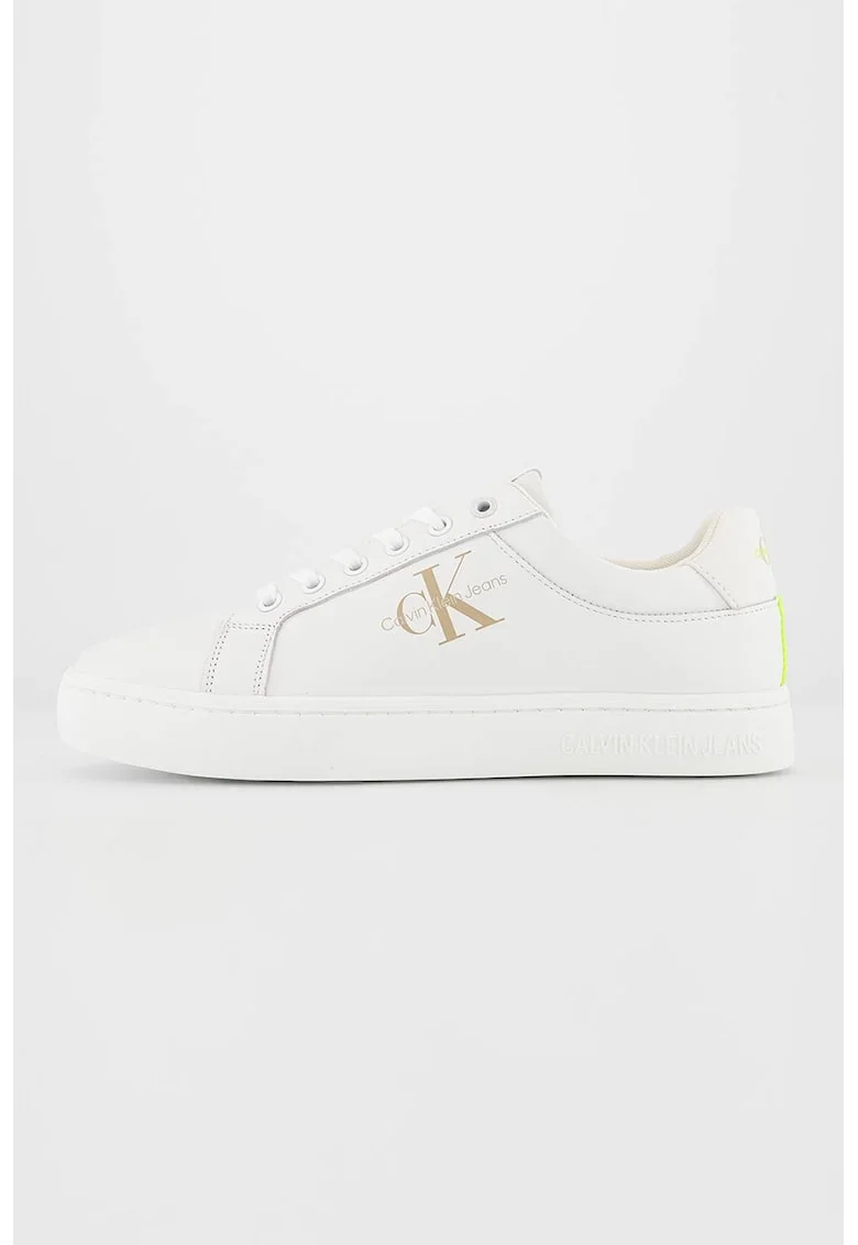 Pantofi sport de piele, Alb fildes/Verde neon
