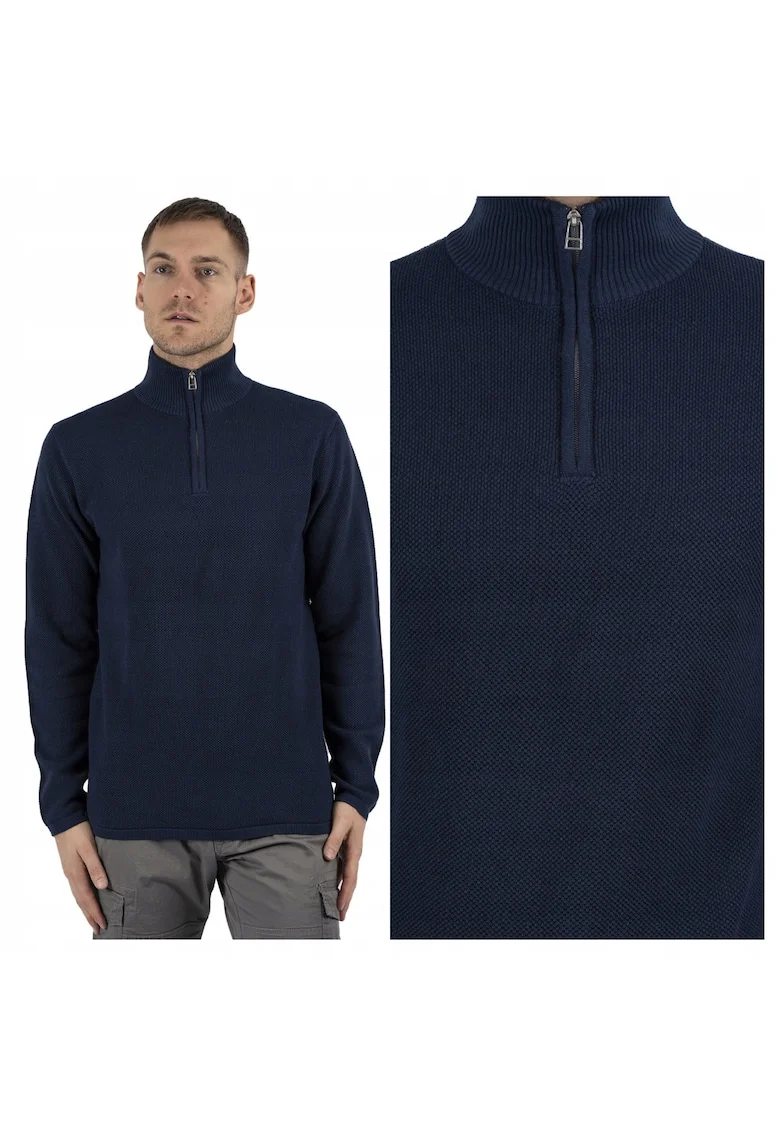 Pulover Barbati,  Langdon Half Zip, Regular Fit, Maneci Lungi, Guler Inalt, Design Simplu, Bumbac, 3XL, Albastru, Albastru