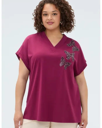 Bluza cu decolteu in V, maneci scurte si model cu fluturi, Visiniu