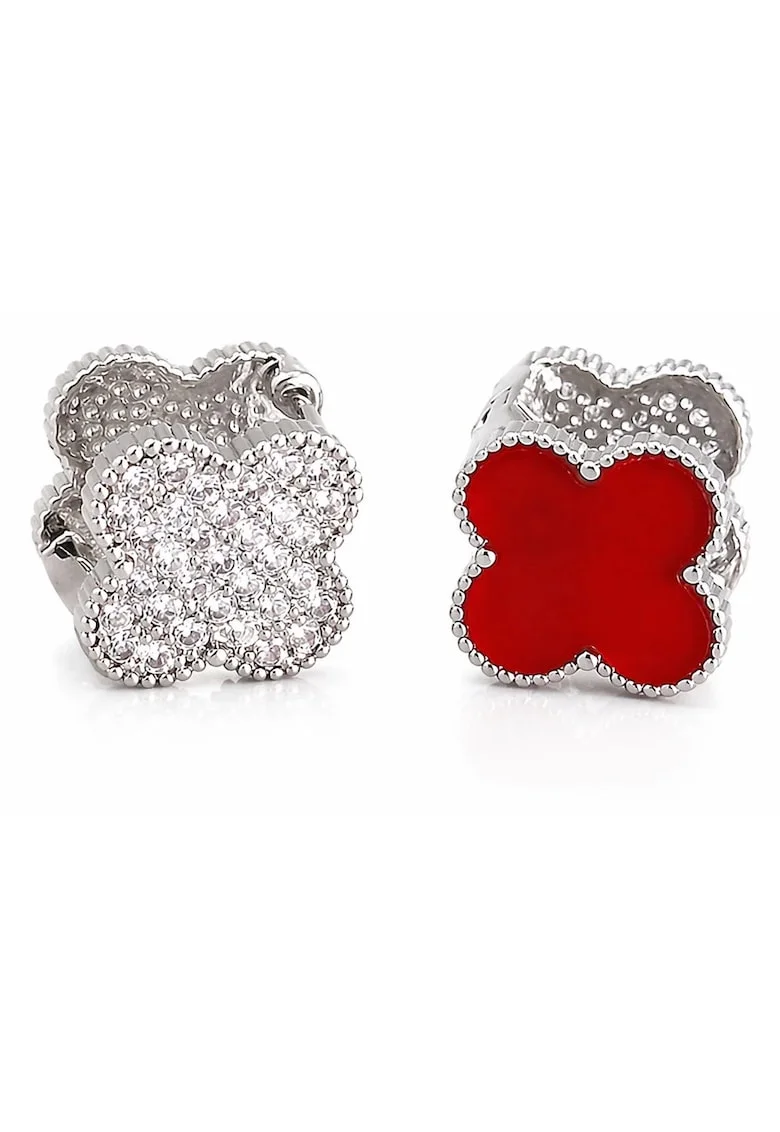 Cercei  argintii trifoi din otel inoxidabil suflat cu aur 18k, cu zirconii, 1.6x1.6cm
