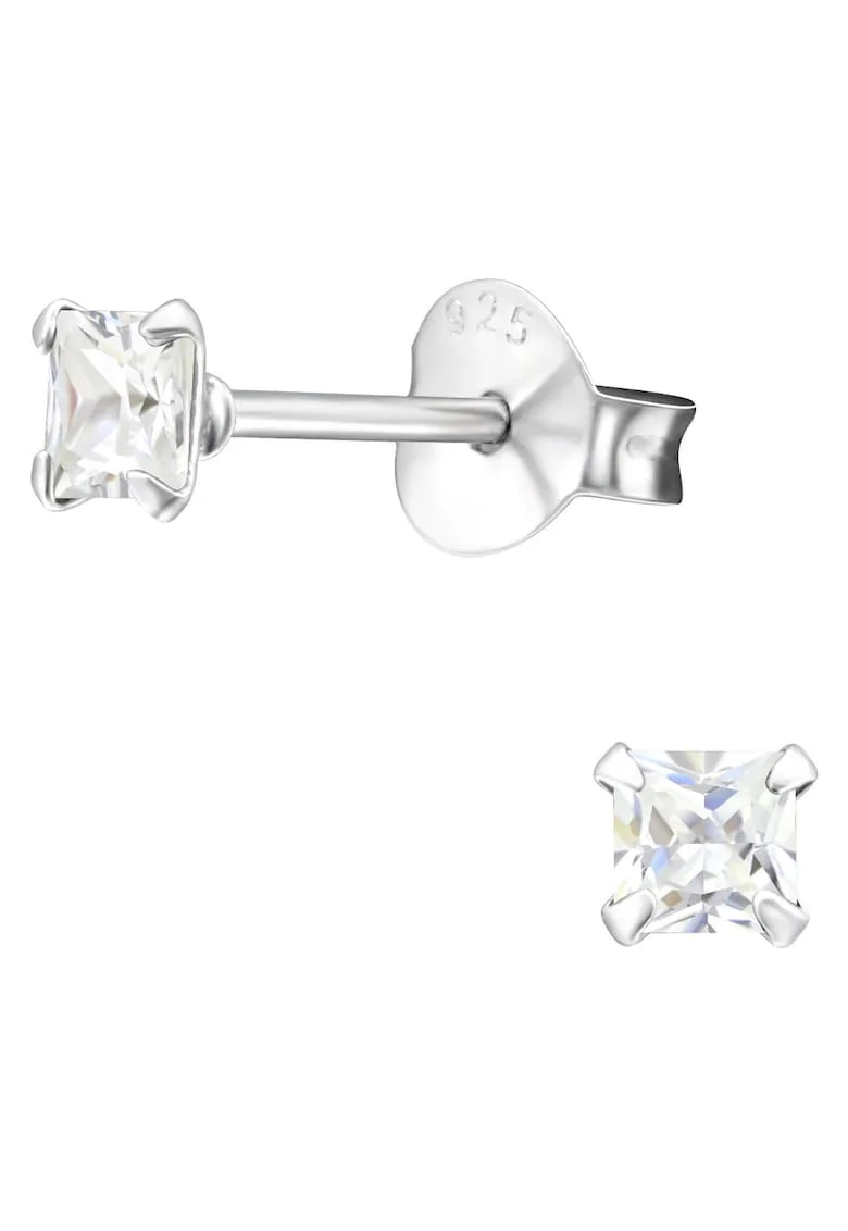 Cercei din Argint 925 cu Cristale Zirconia Patrate Argintii de 3mm, inchidere cu fluturas, tip surub
