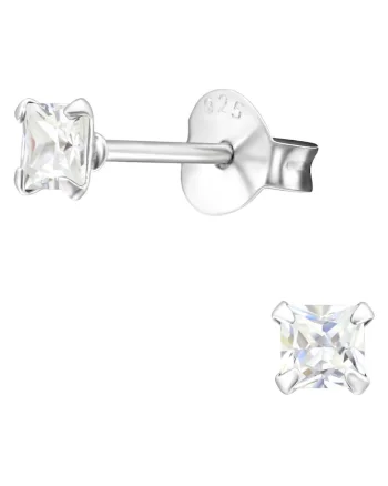 Cercei din Argint 925 cu Cristale Zirconia Patrate Argintii de 3mm, inchidere cu fluturas, tip surub