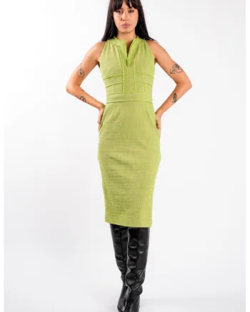 Rochie midi cambrata din tweed lime