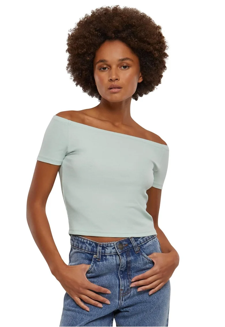 Tricou crop cambrat cu decolteu pe umeri, Verde menta