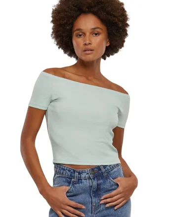 Tricou crop cambrat cu decolteu pe umeri, Verde menta