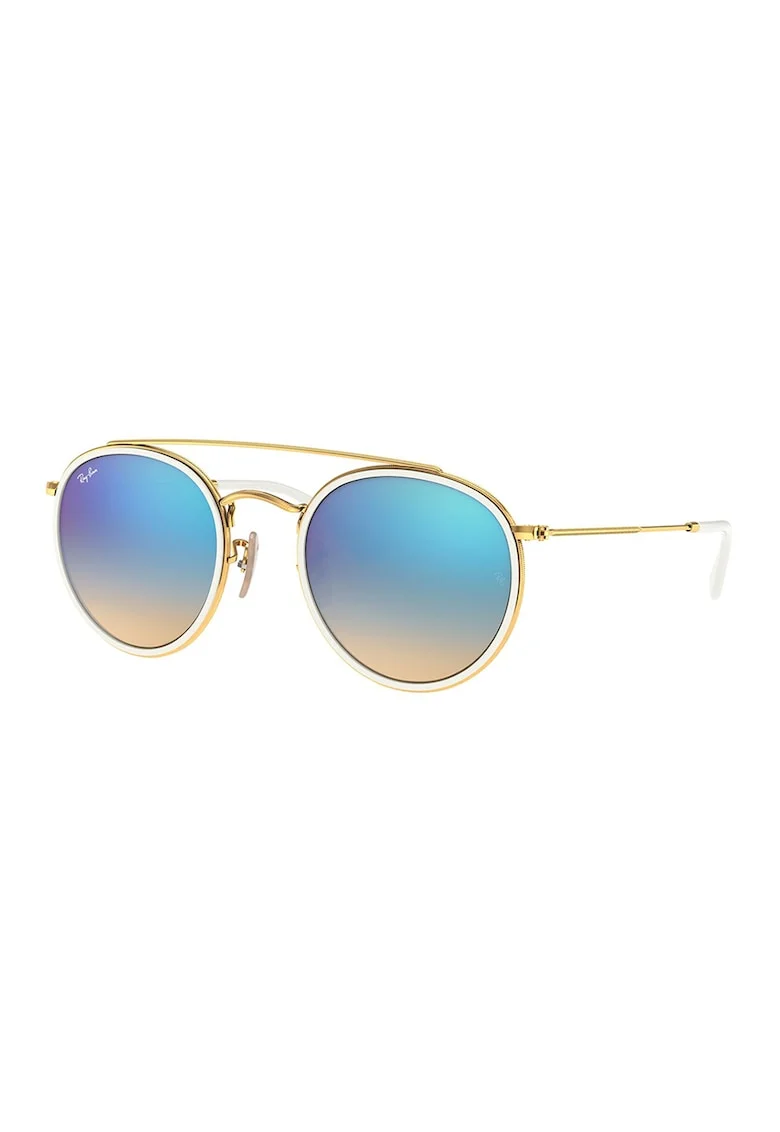 Ochelari de soare rotunzi unisex cu lentile oglinda, Alb/Auriu