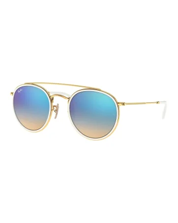 Ochelari de soare rotunzi unisex cu lentile oglinda, Alb/Auriu
