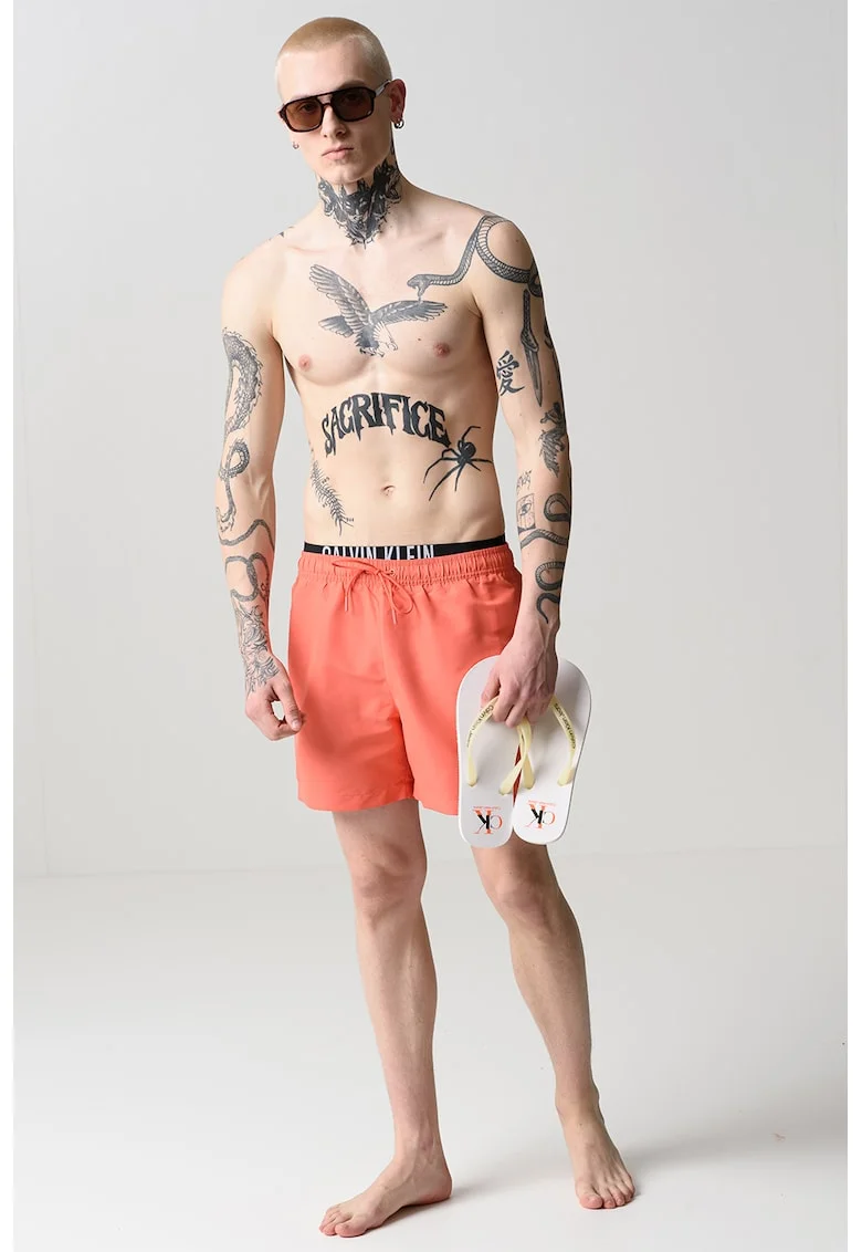 Pantaloni scurti de baie cu snur si banda logo, Roz aprins